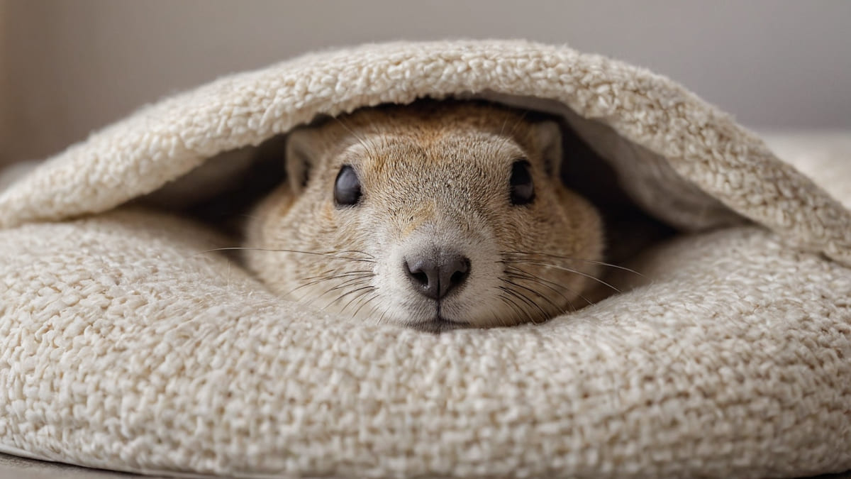 新しいベッドタイプのハウスの中で、毛布にくるまってお昼寝しているポンチョ