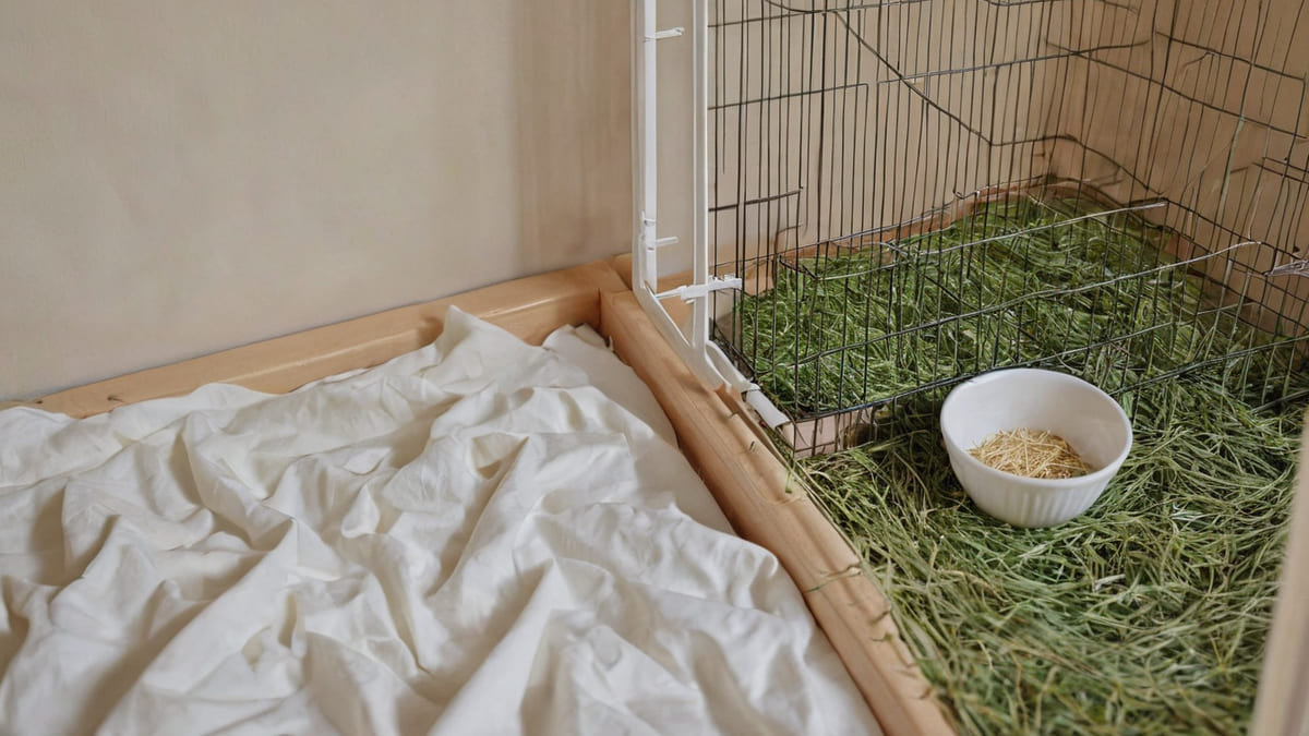 床材を替えて牧草と器を置き直した、掃除のあとのケージの中
