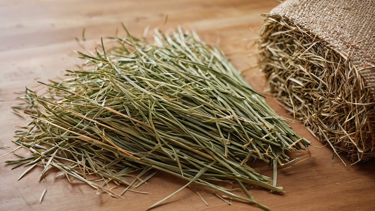 やわらかく葉の多い牧草と、茎が太くてかたい牧草を並べたところ